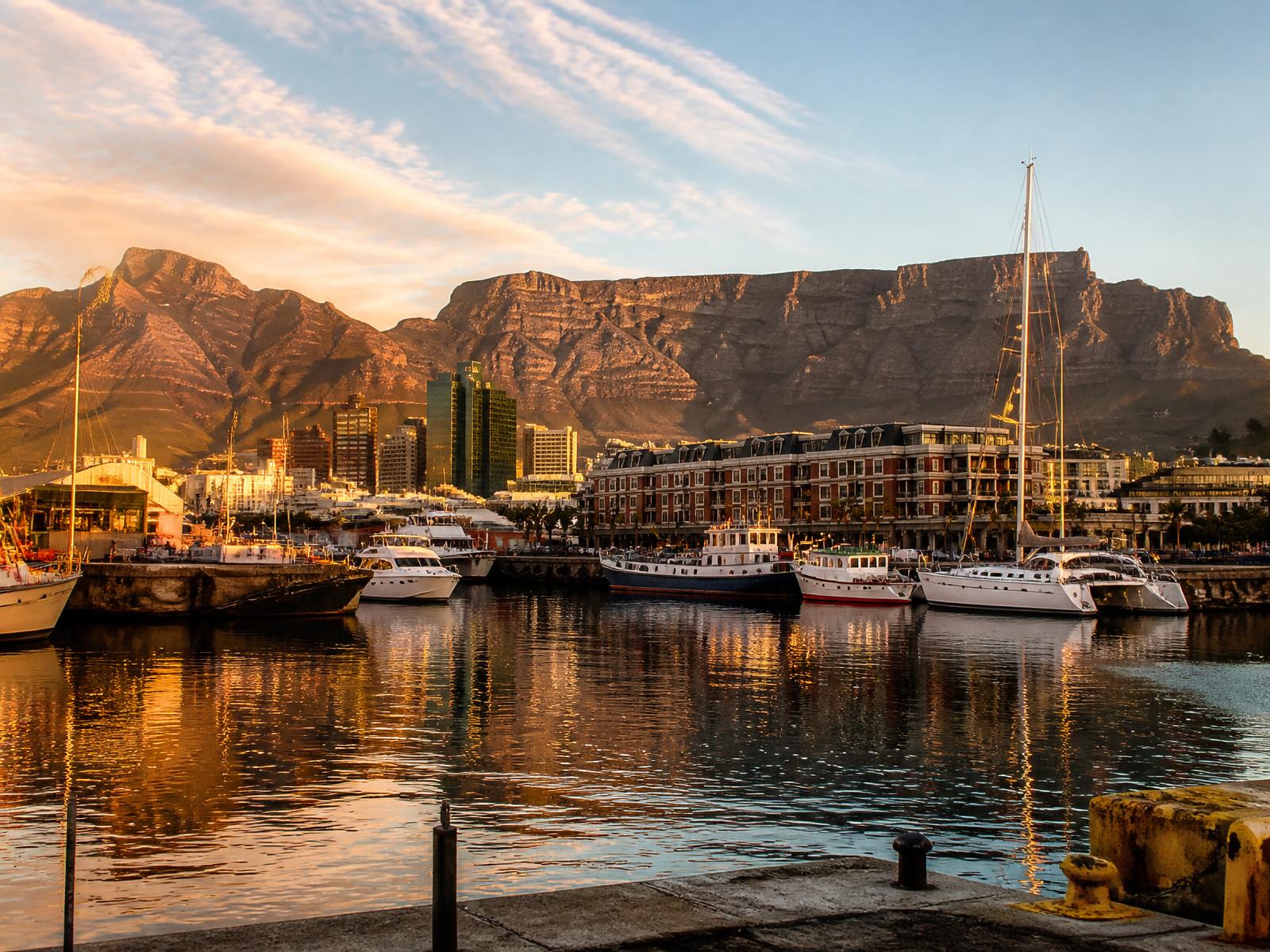 Table Mountain above the Cape Town waterfront at golden hour